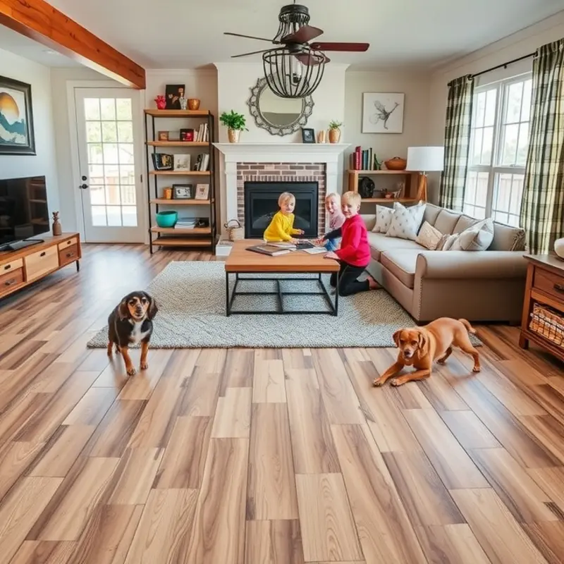 A selection of child- and pet-friendly flooring types showcased in a family living room.