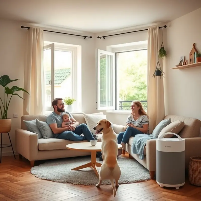 A family in a clean apartment with good air circulation, demonstrating daily habits for pet odor control.
