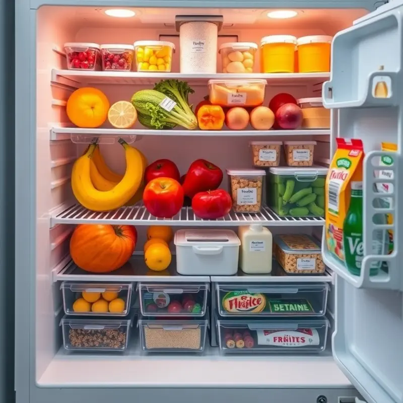 A neatly organized refrigerator showcasing fresh produce and well-arranged items.