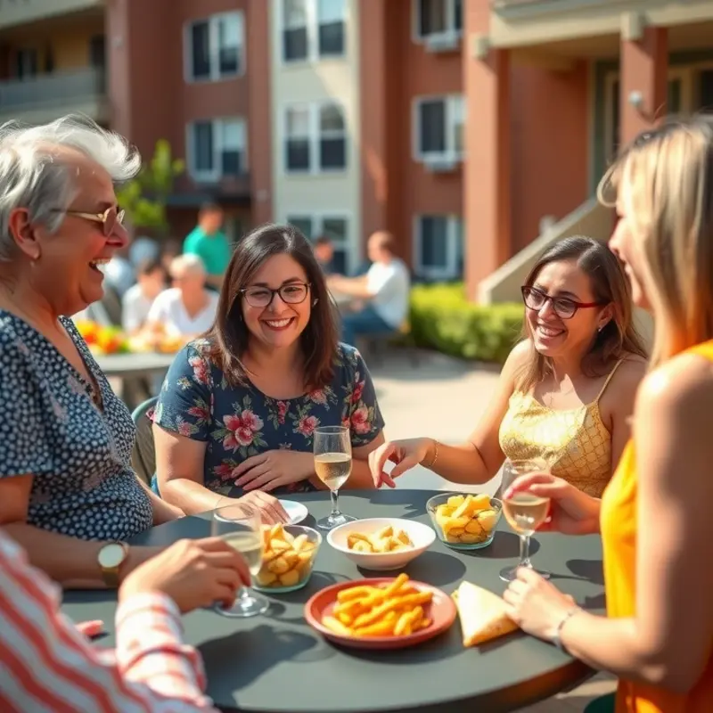 Neighbors bonding over snacks and laughter in a warm apartment setting.