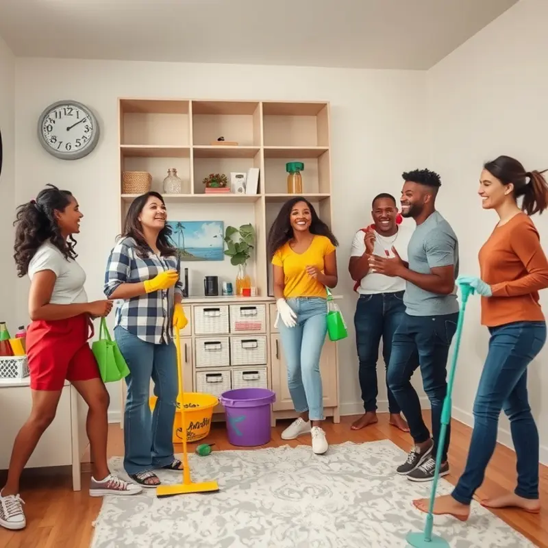 Roommates turning cleaning into a fun event with music and teamwork.
