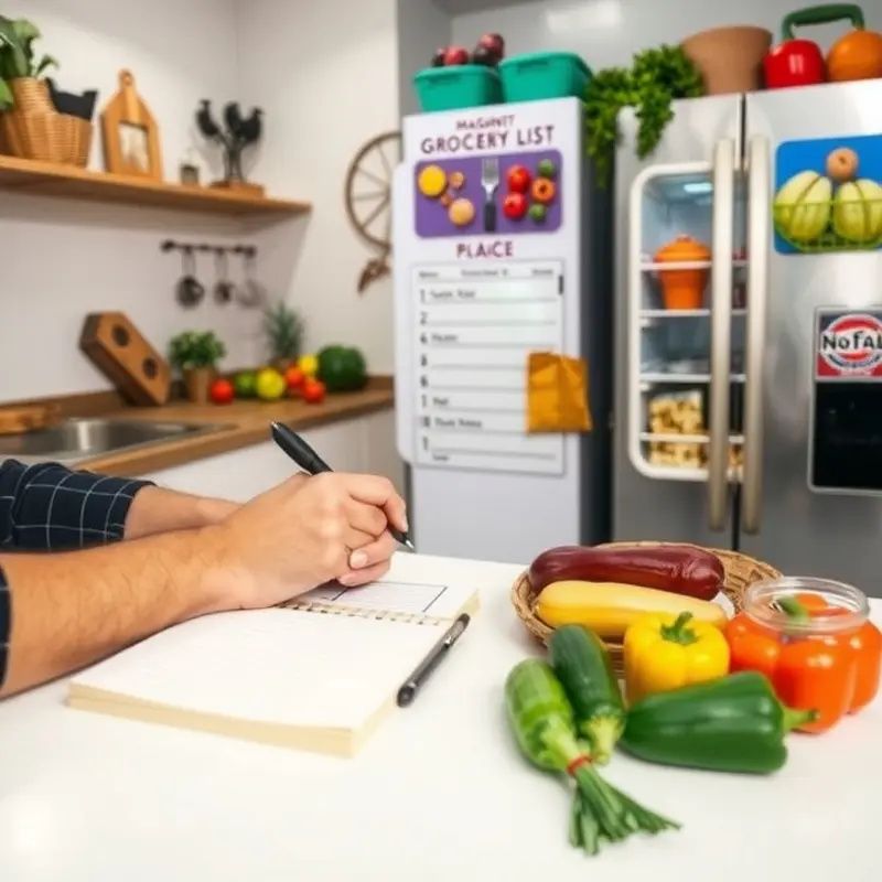 A young person enjoys crafting a smart grocery list in a lively kitchen.
