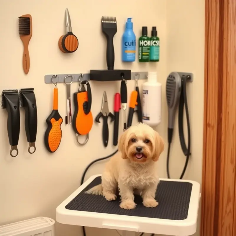 A tidy grooming station set up in an apartment, ready for pet pampering.