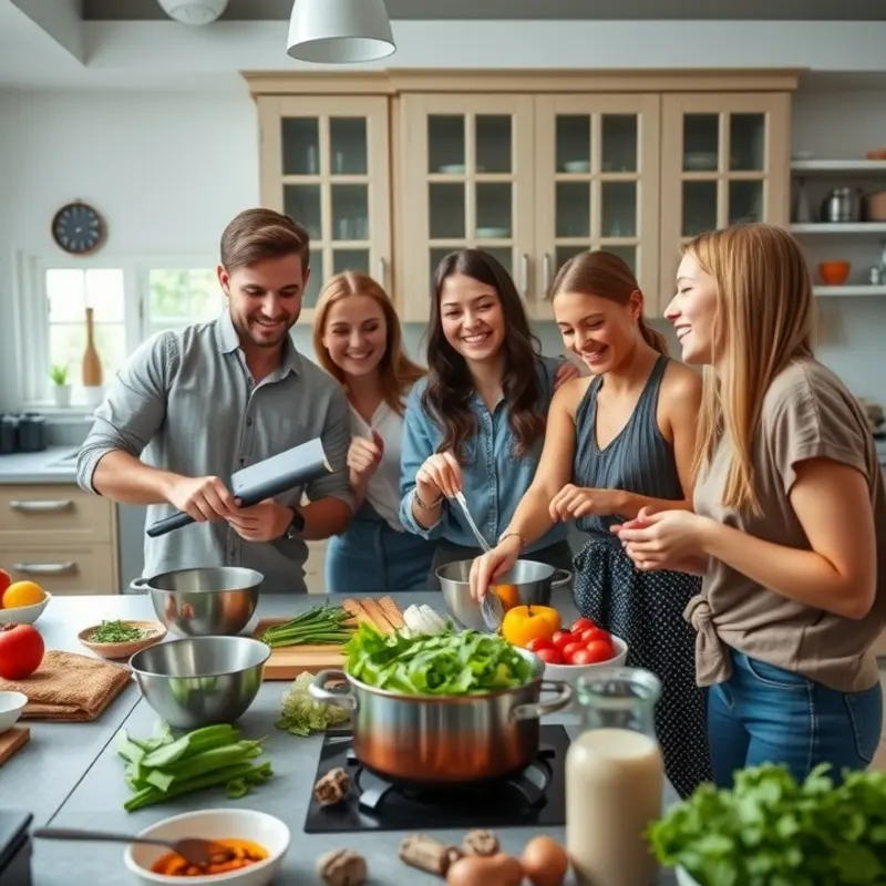 Roommates sharing cooking duties and laughter in a modern kitchen.