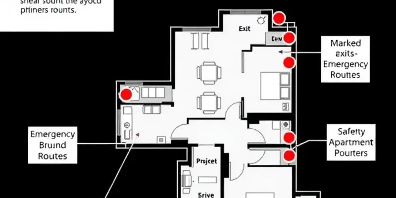 A diverse group of apartment renters engaged in an evacuation drill, discussing plans and using maps in a well-lit communal space.