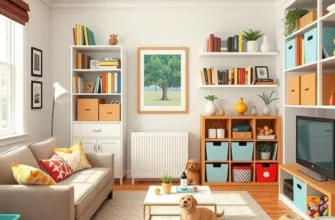 A well-organized and cozy apartment space designed for family living, showcasing effective storage solutions.