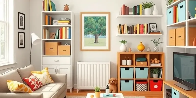 A well-organized and cozy apartment space designed for family living, showcasing effective storage solutions.