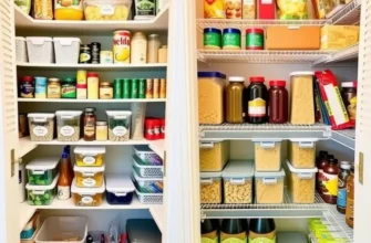 A happy family cooking in a bright kitchen, showing an organized pantry and colorful food ingredients.