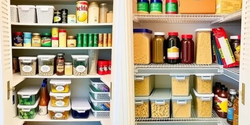 A happy family cooking in a bright kitchen, showing an organized pantry and colorful food ingredients.