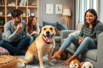 A happy family enjoying time with their healthy pet in a comfortable apartment setting.