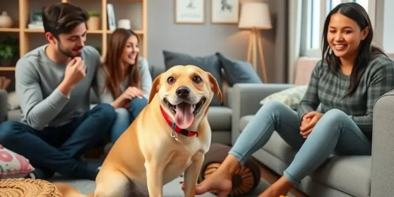 A happy family enjoying time with their healthy pet in a comfortable apartment setting.