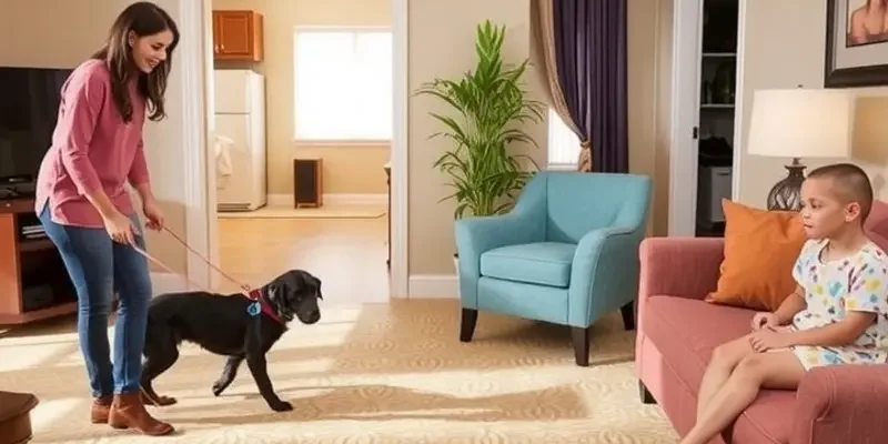 A family of four with their dog and cat, smiling and embracing each other in their apartment, symbolizing safety and preparedness.