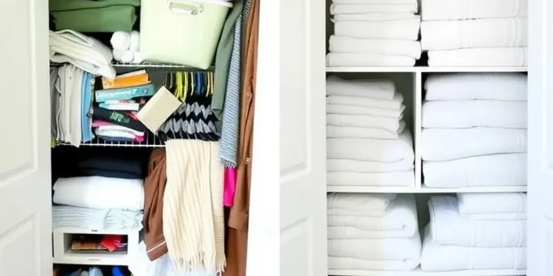A person organizing a linen closet filled with neatly stored linens and towels.