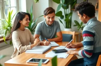 A group of happy roommates managing finances together in their living space.
