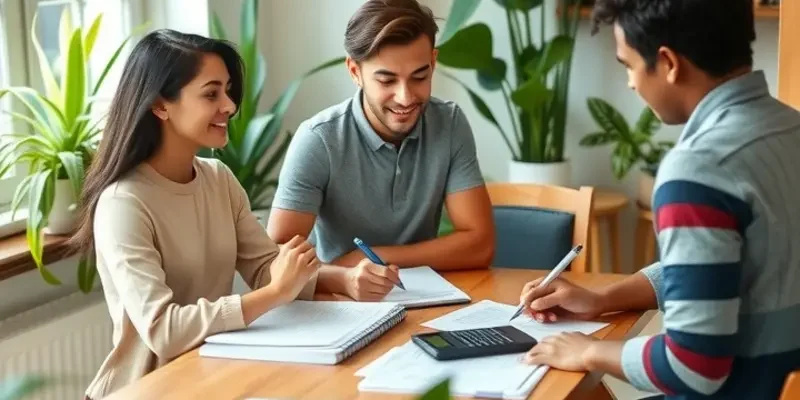 A group of happy roommates managing finances together in their living space.