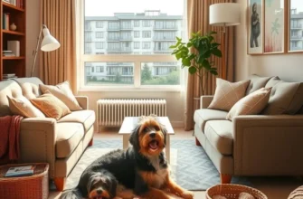 An older dog resting happily on its bed in a pet-friendly apartment.