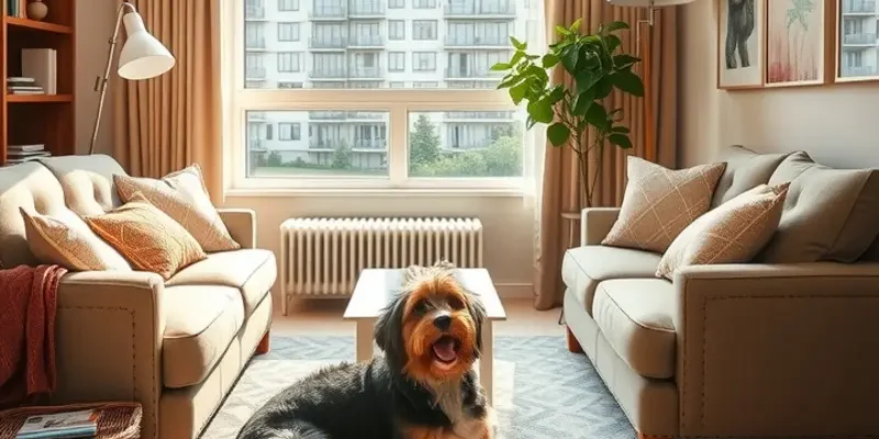 An older dog resting happily on its bed in a pet-friendly apartment.