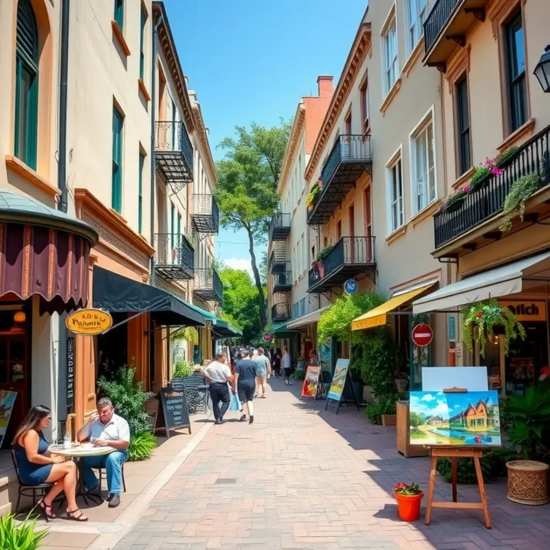 Vibrant street scene in a historic neighborhood bustling with life.