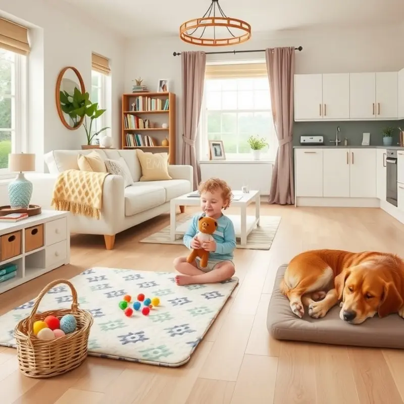 An inviting indoor play area for kids and pets with comfortable furnishings and safe designs.