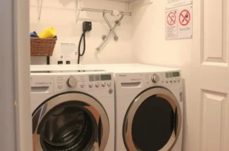 An inviting laundry corner with organized equipment and plant decor.