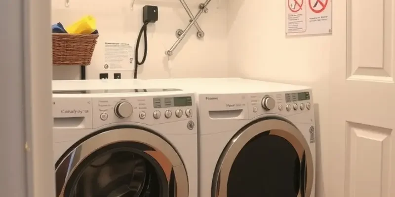An inviting laundry corner with organized equipment and plant decor.