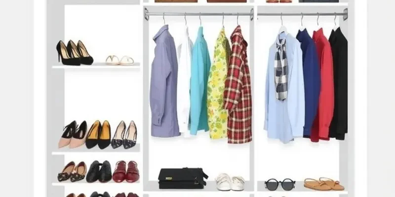 A well-organized closet displaying clothing and accessories in a vibrant and inviting arrangement.