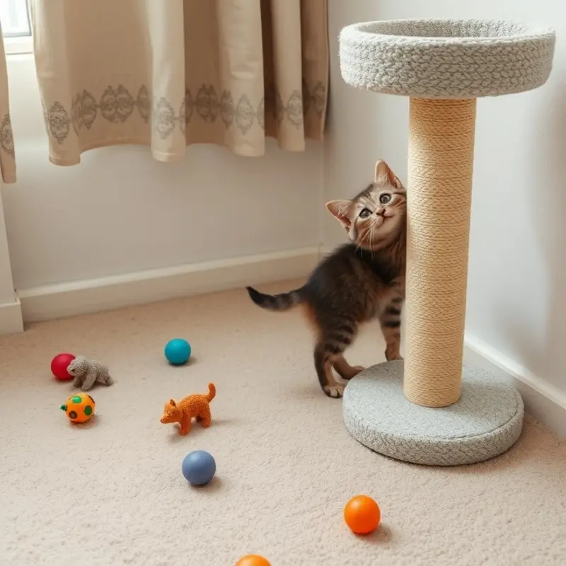 A vibrant living room featuring playful kittens enjoying their cozy apartment space.