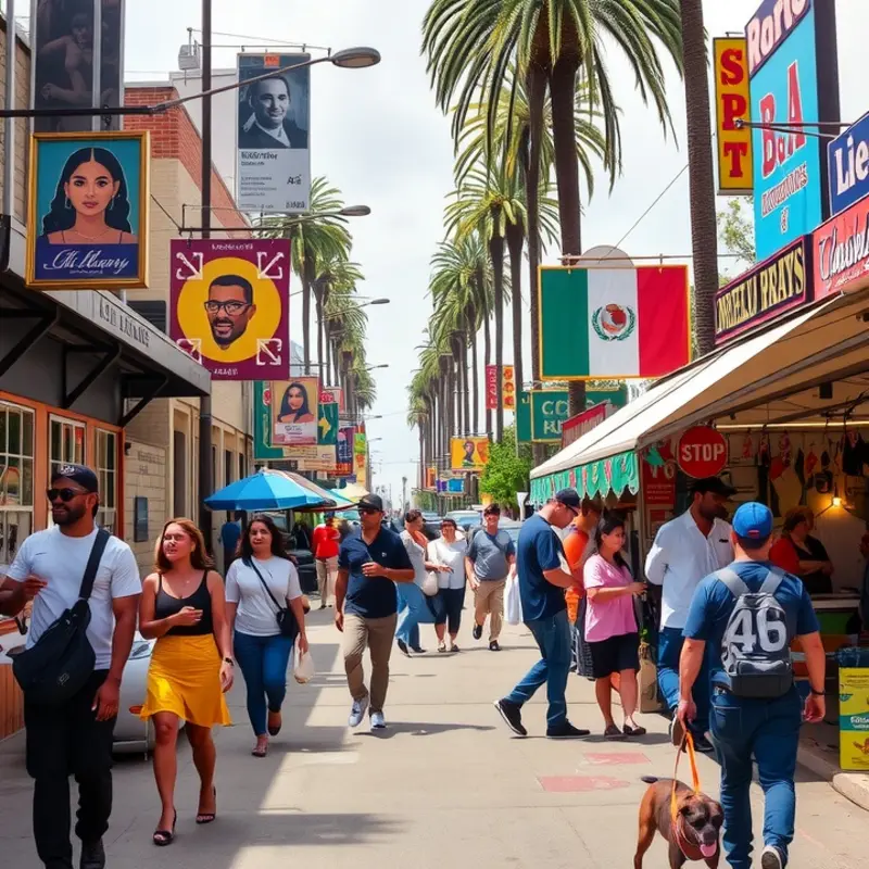 A glimpse of Los Angeles’ cultural diversity with people enjoying a local market.