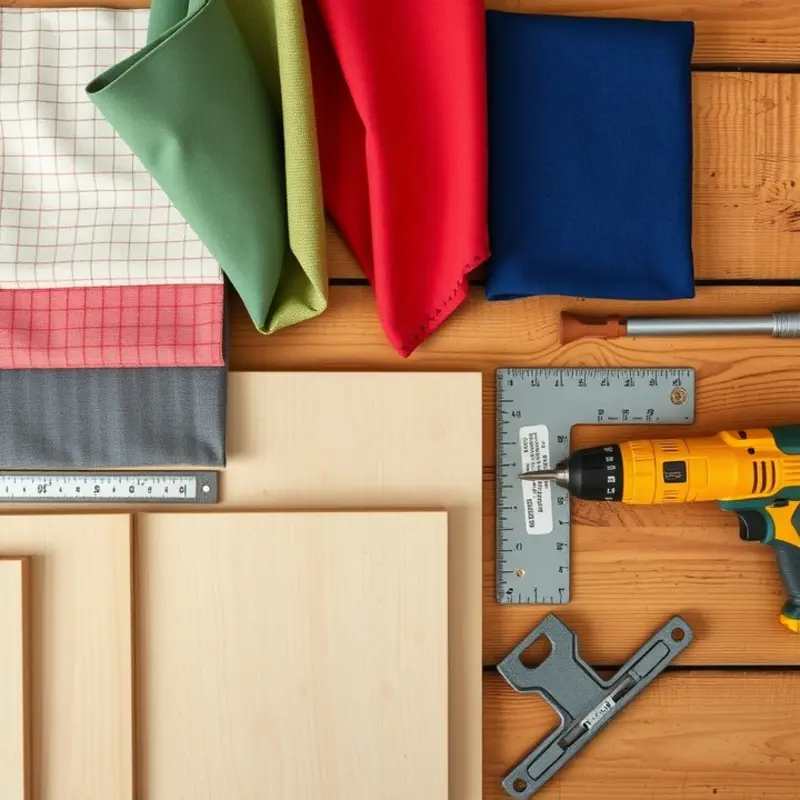 An organized selection of materials for crafting a DIY storage ottoman.