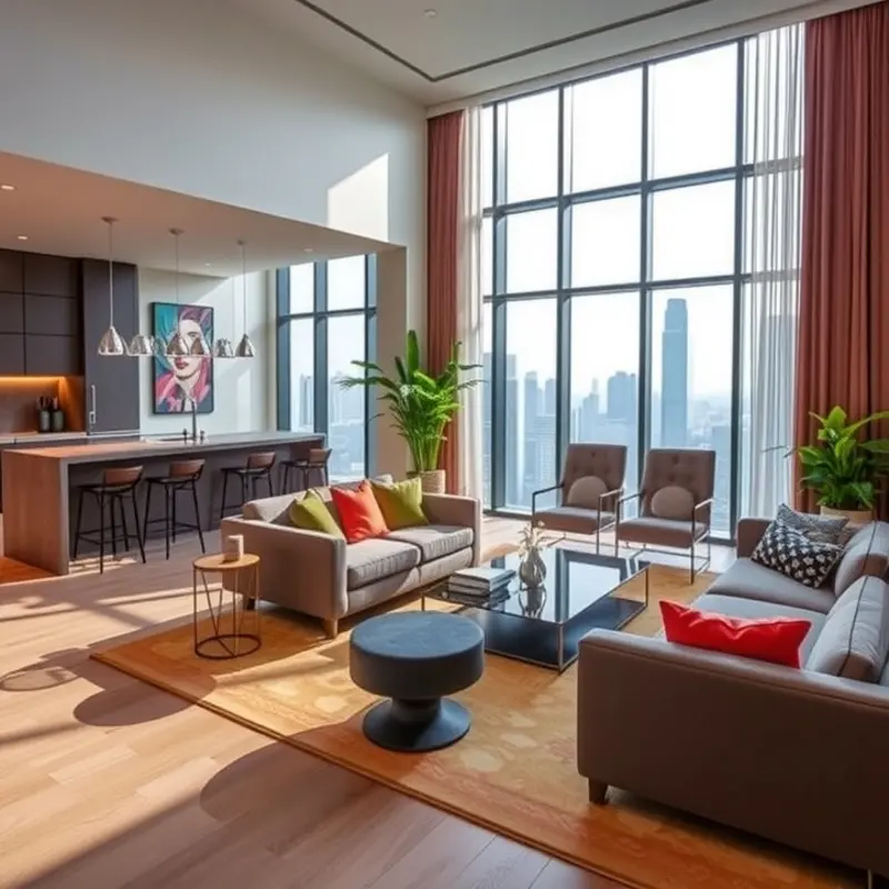 A chic luxury apartment interior with an urban skyline view.