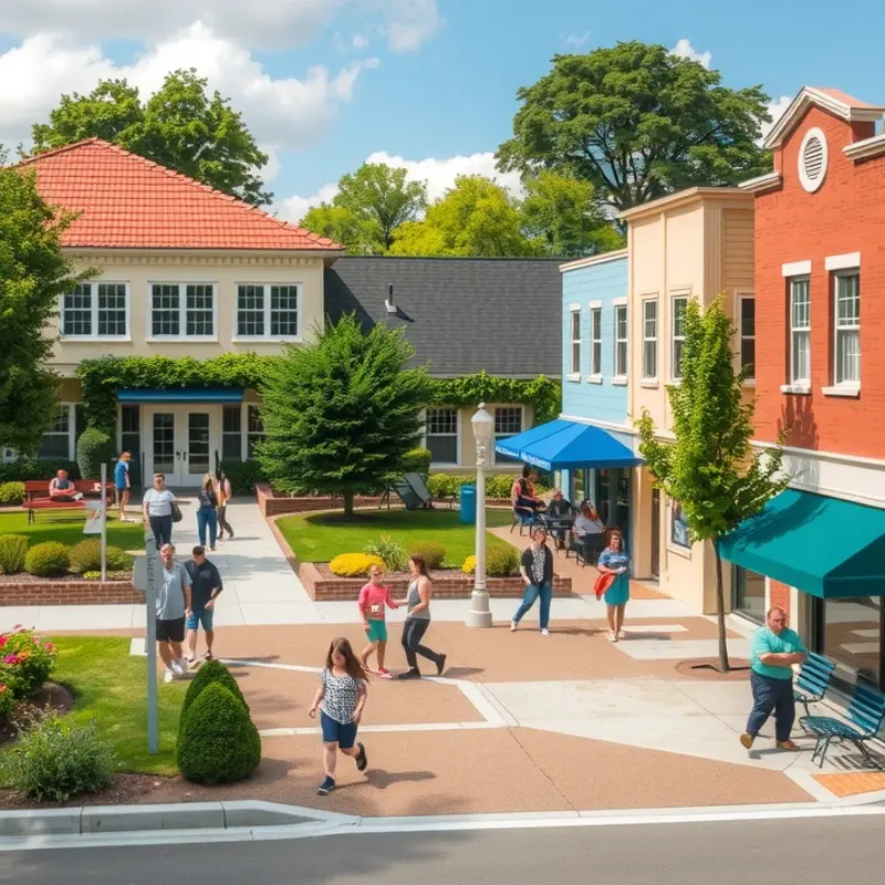 A vibrant neighborhood featuring a school and community spaces that appeal to families.
