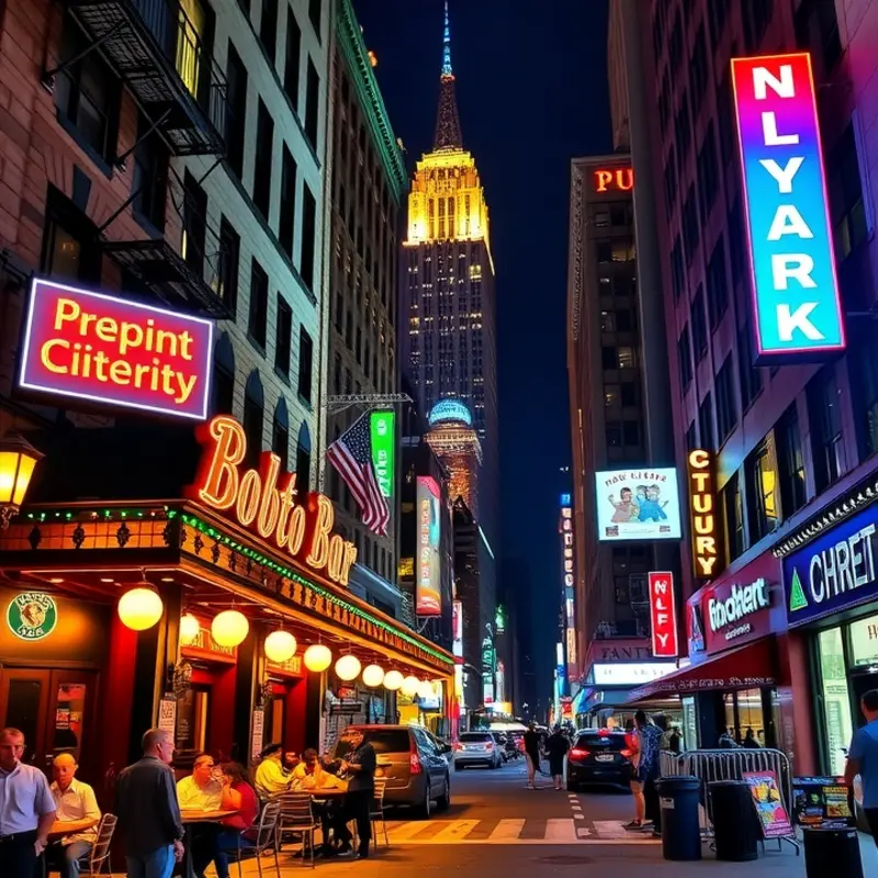 The bustling nightlife of New York City with lively streets and iconic venues.