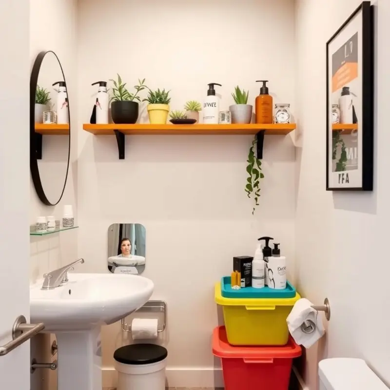 An organized apartment bathroom showcasing effective use of space and stylish decor.