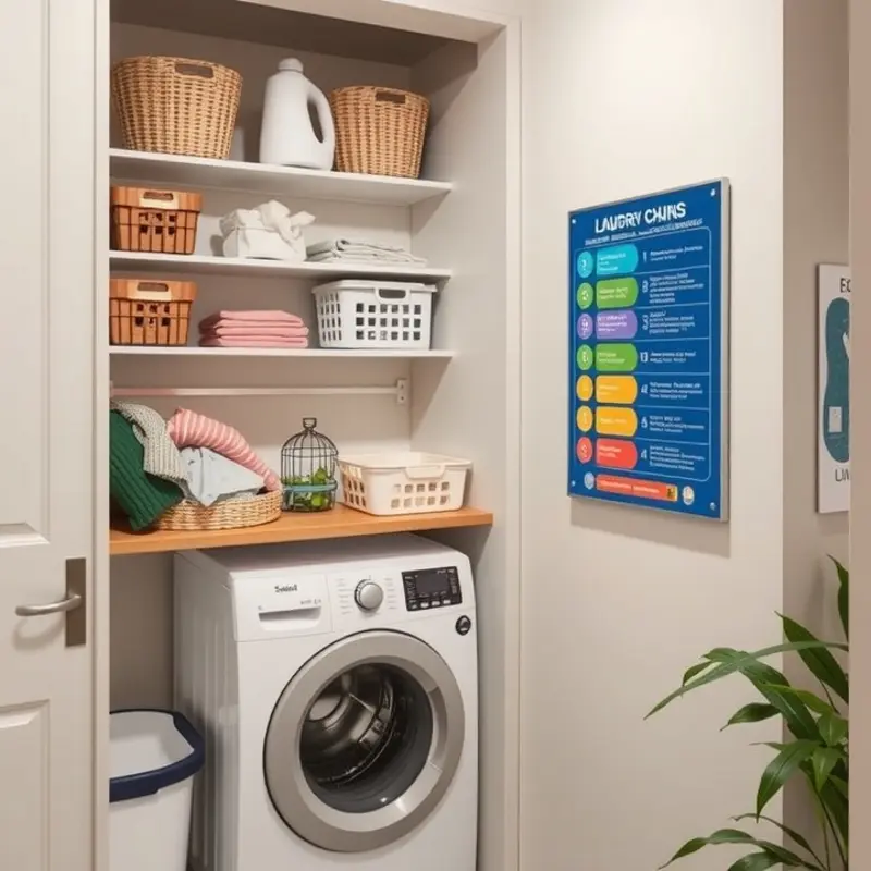 An organized small laundry space showcasing clever storage solutions.