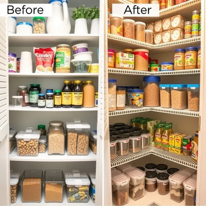 Before and after styles of pantry organization showing neatness and order.