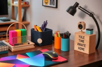 A colorful and cozy desk setup featuring diverse accessories and plants that enhance the workspace.