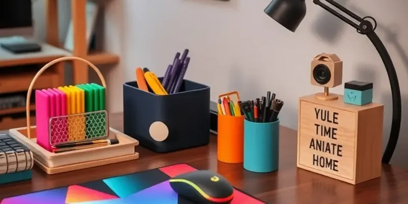 A colorful and cozy desk setup featuring diverse accessories and plants that enhance the workspace.