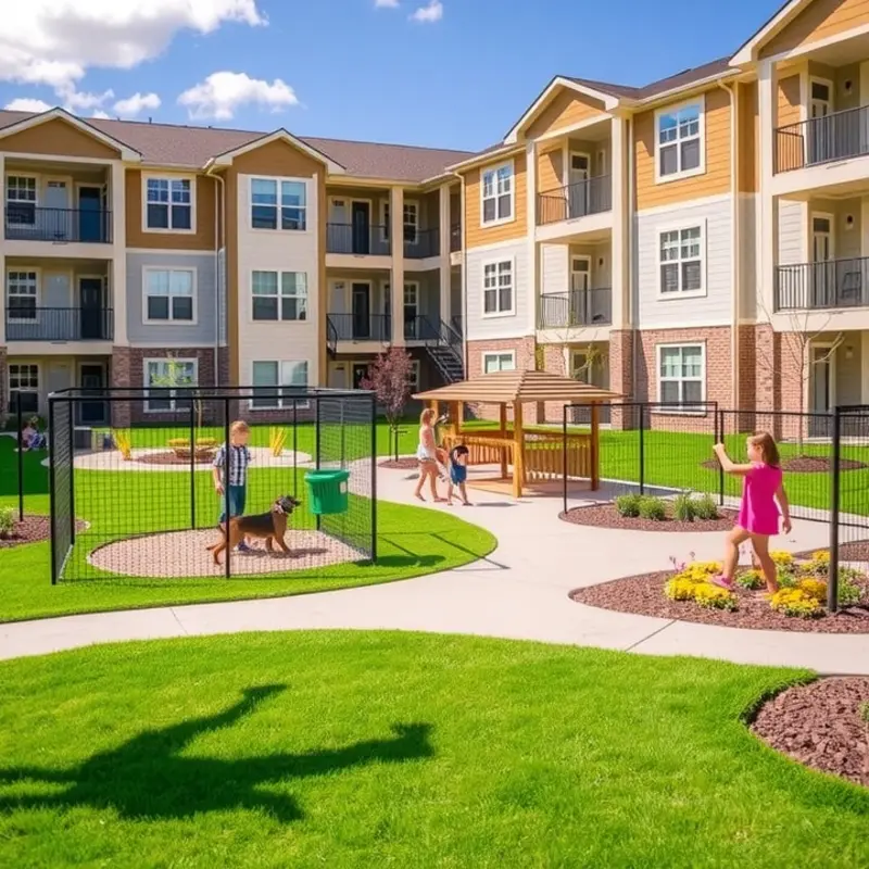 A vibrant community showcasing the amenities of a pet-friendly apartment.