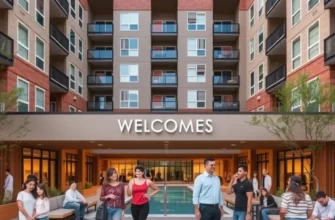 A lively real estate office filled with agents and young adults discussing apartment rentals.