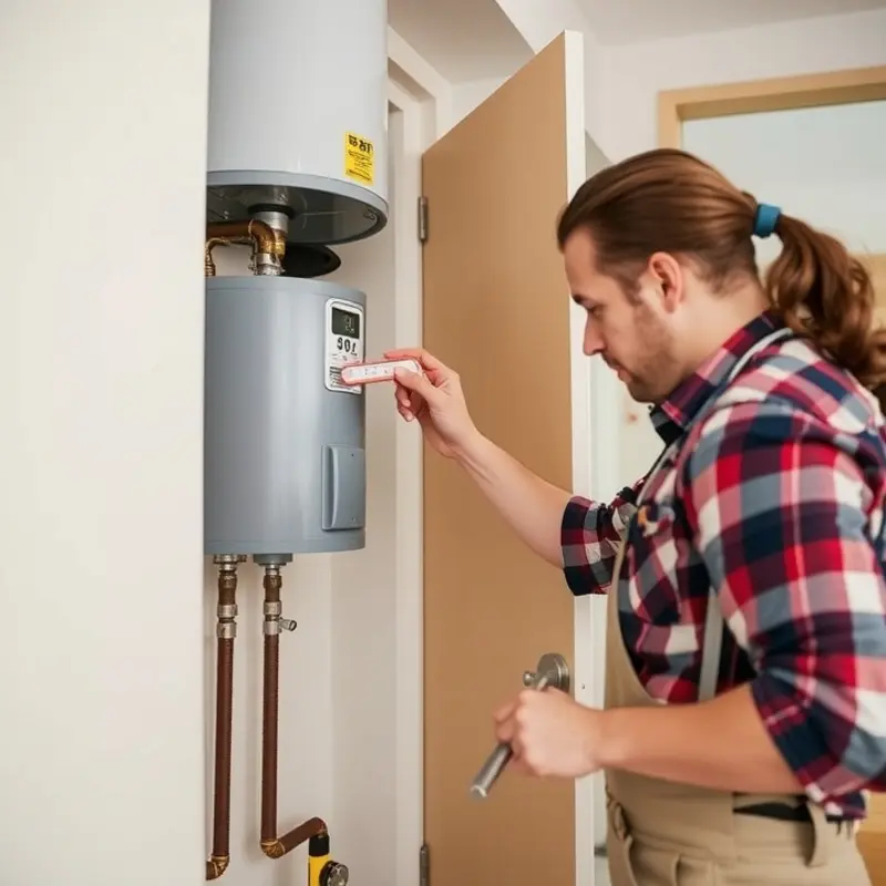 A technician performing routine checks on an apartment water heater.