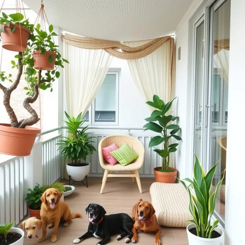 A beautifully designed pet-friendly balcony showcasing safety features and furnishings.