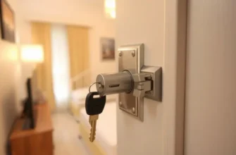 A welcoming apartment door with a polished lock and plant, emphasizing security and comfort.