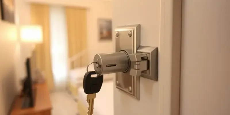 A welcoming apartment door with a polished lock and plant, emphasizing security and comfort.