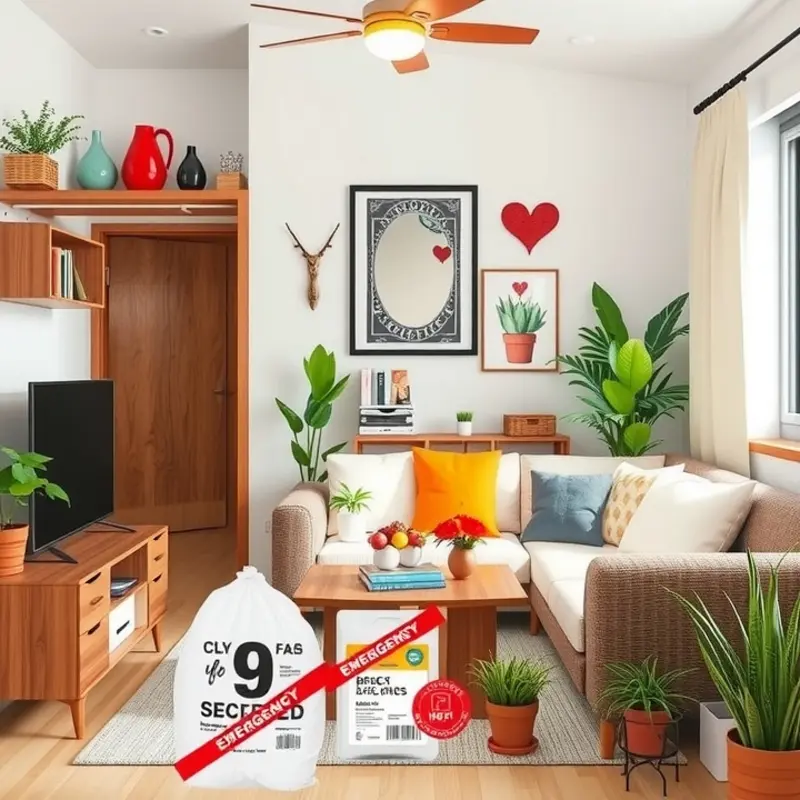 An organized living space with secured furniture and emergency supplies.