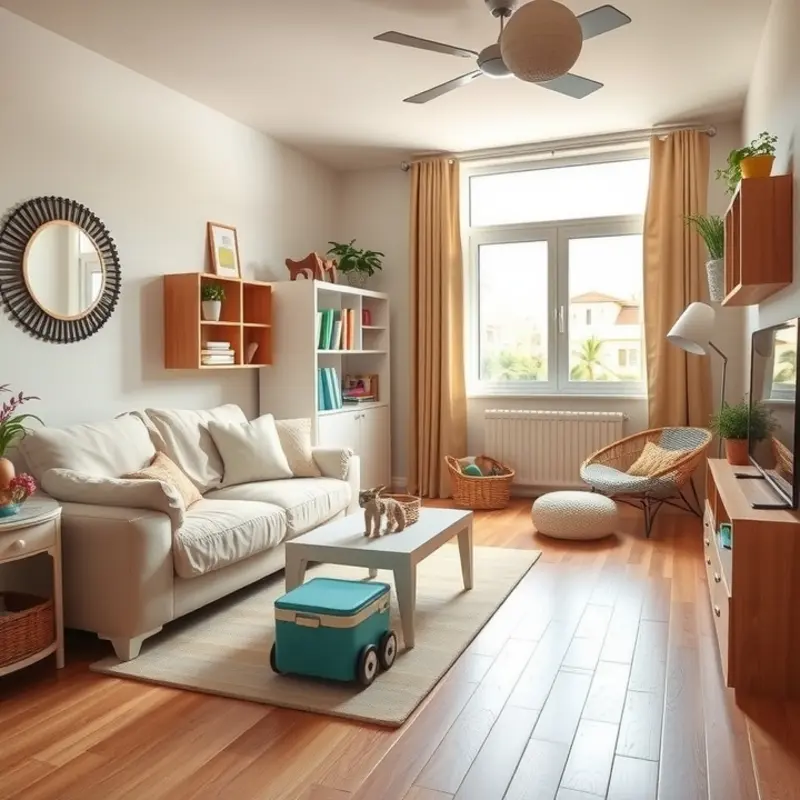 A thoughtfully organized living space using smart storage solutions.