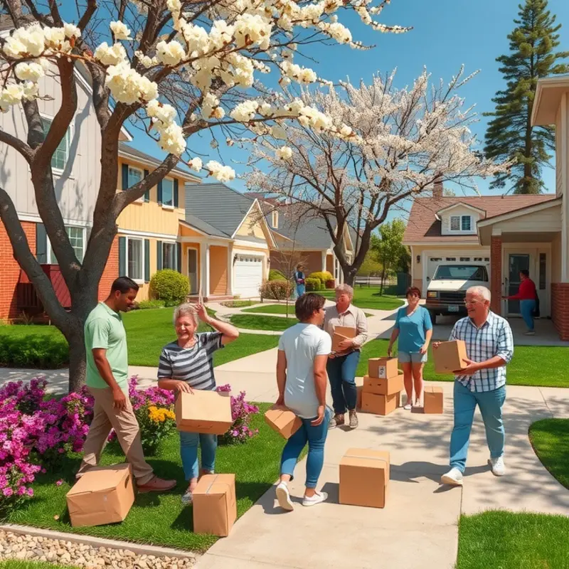 Springtime moving scene depicting people in action.