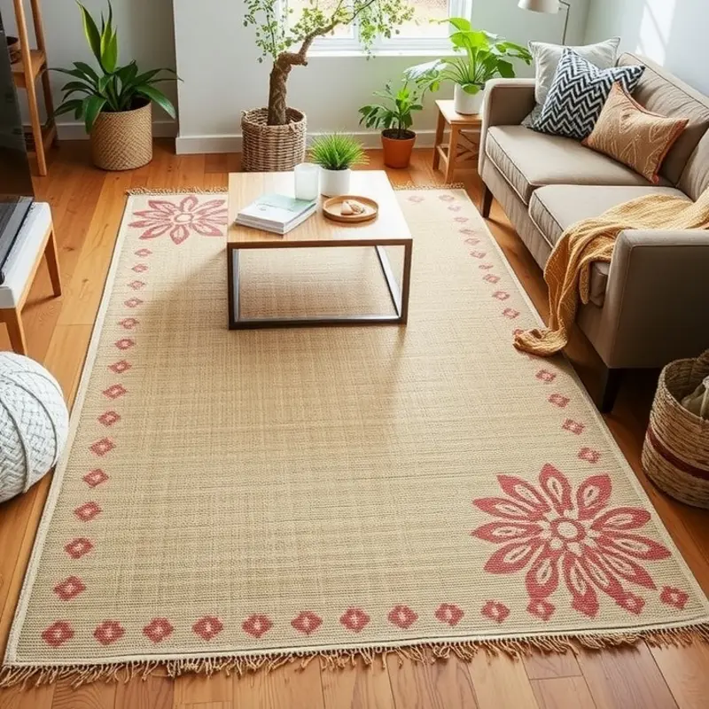 Colorful fabric swatch rug showcasing various patterns and textures.