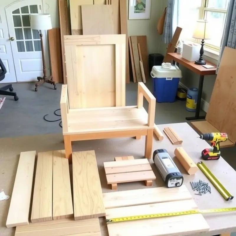 Essential materials and tools for building a storage bench laid out in a creative workspace.