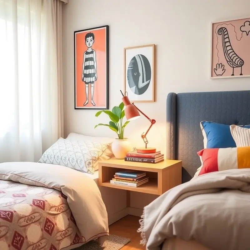 A stylish bedroom adorned with a creative floating nightstand, perfect for any rental space.