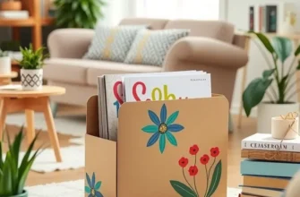 A modern living room showcasing DIY cardboard and fabric-covered magazine holders.